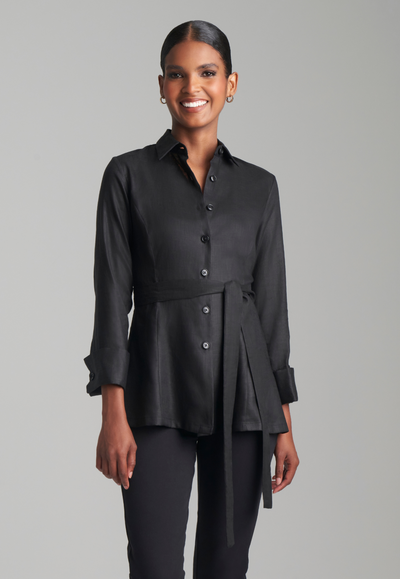 Woman wearing black linen shirt blouse with tie and italian stretch cotton black pants by Ala von Auersperg