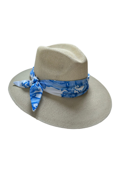Sun hat with blue coral small cotton hat tie by Sarah Bray Bermuda and Ala von Auersperg