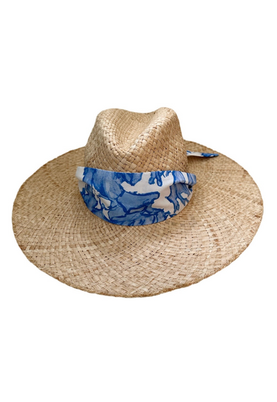 Stray sun hat with blue coral cotton ribbon by Sarah Bray Bermuda and Ala von Auersperg