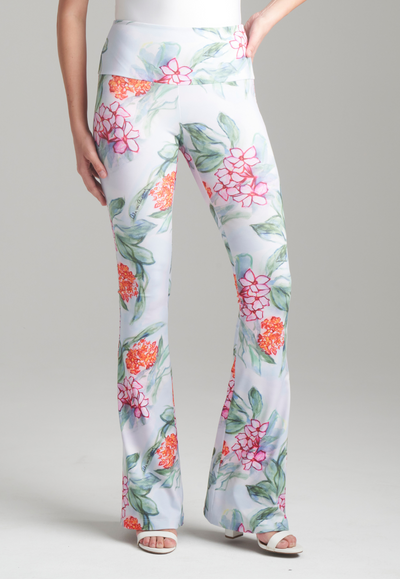 tropical printed stretch knit pants with yoke wasteband by Ala von Auersperg 
