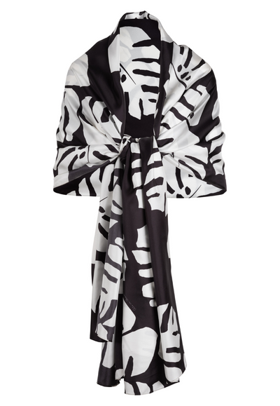 black and white palm printed silk twill wrap shawl scarf by Ala von Auersperg for holiday 2022