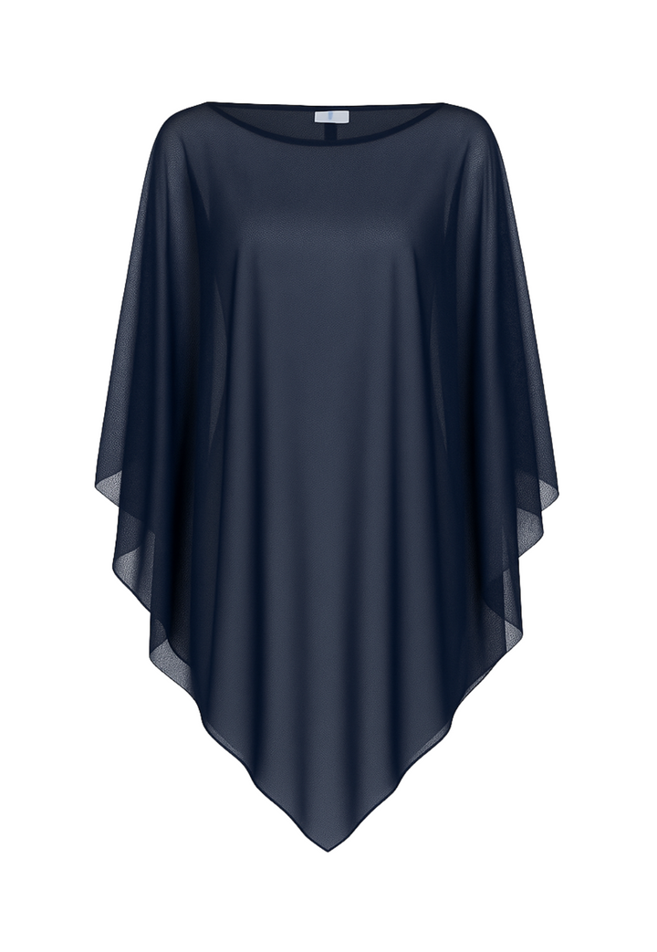 1. Navy sheer mesh poncho with one-shoulder silhouette