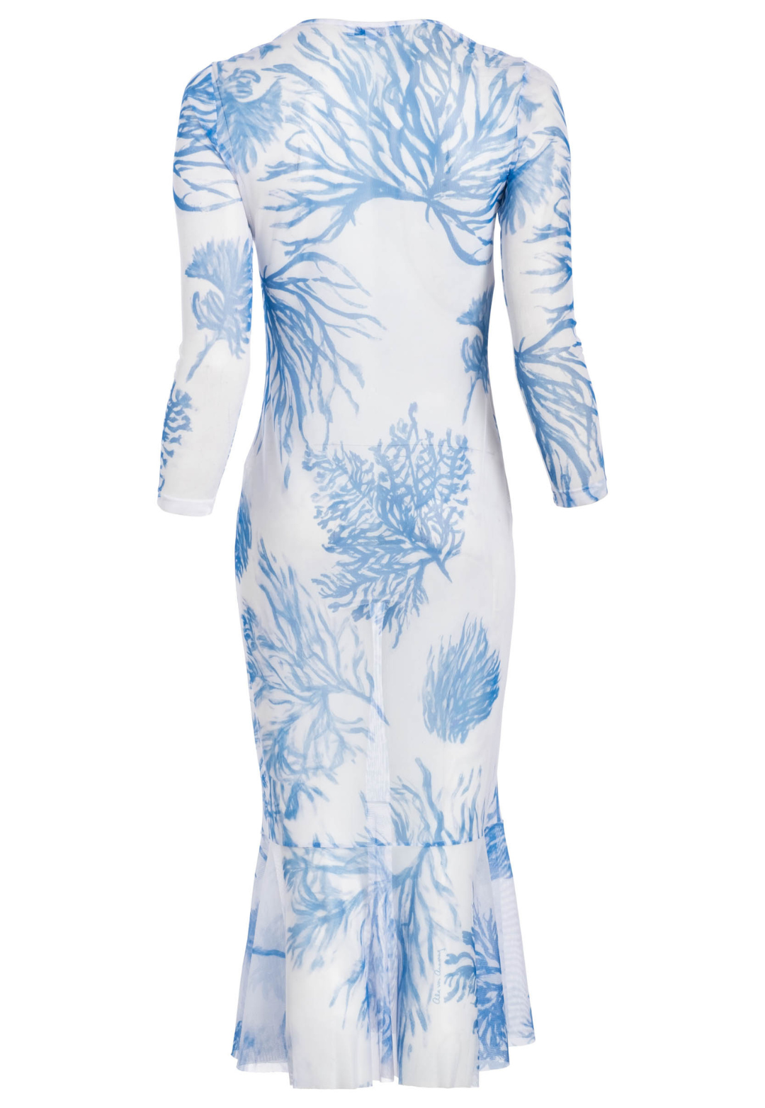 Blue and white sheer mesh dress topper with ruffle hem and sleeves by womenswear designer Ala von Auersperg for luxury travel clothing