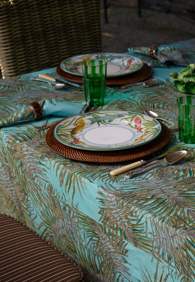 Palm printed cotton machine washable table cloth with matching napkins by Ala von Auersperg