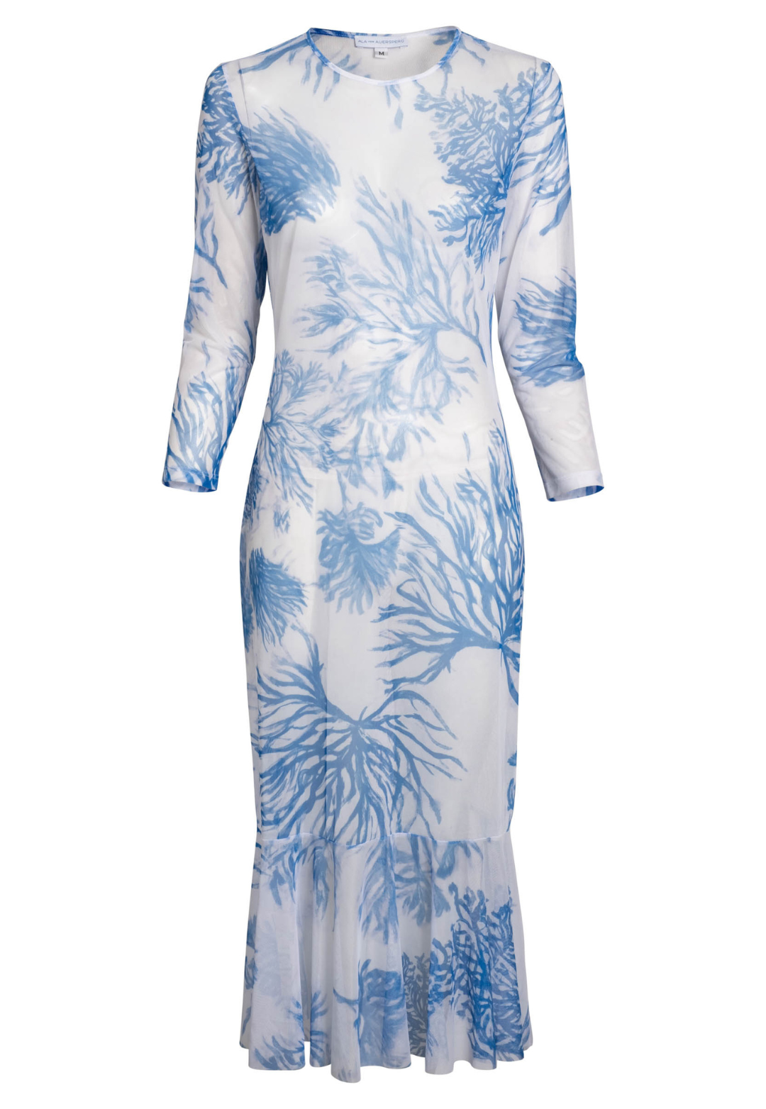 Blue and white sheer mesh dress topper with ruffle hem and sleeves by womenswear designer Ala von Auersperg for luxury travel clothing