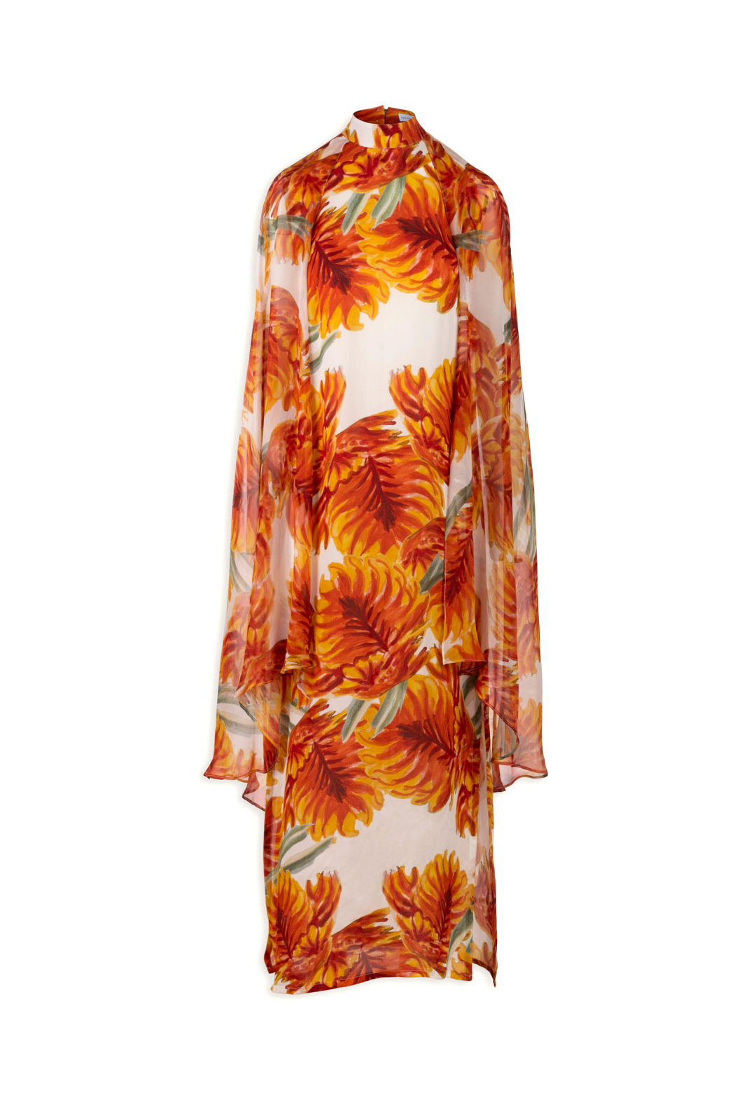 women's formal dress in orange flower printed with attached silk capelet