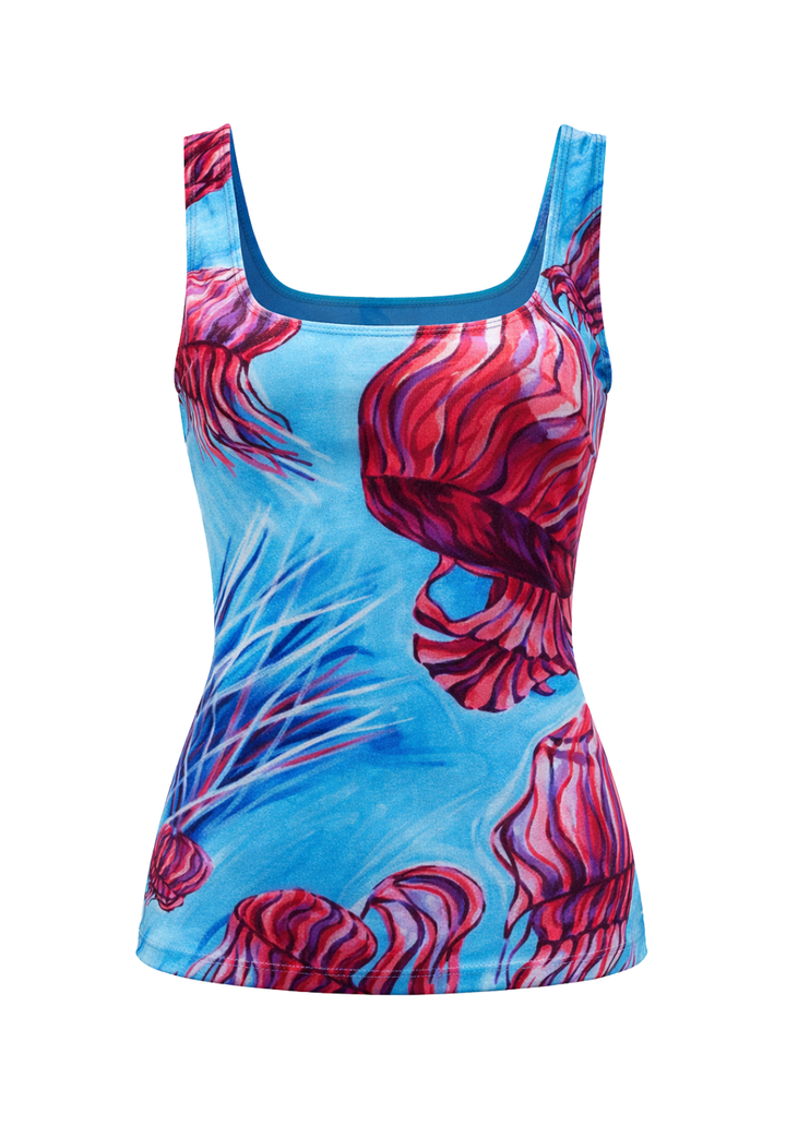 Tank top with a colorful nautical print on a white background