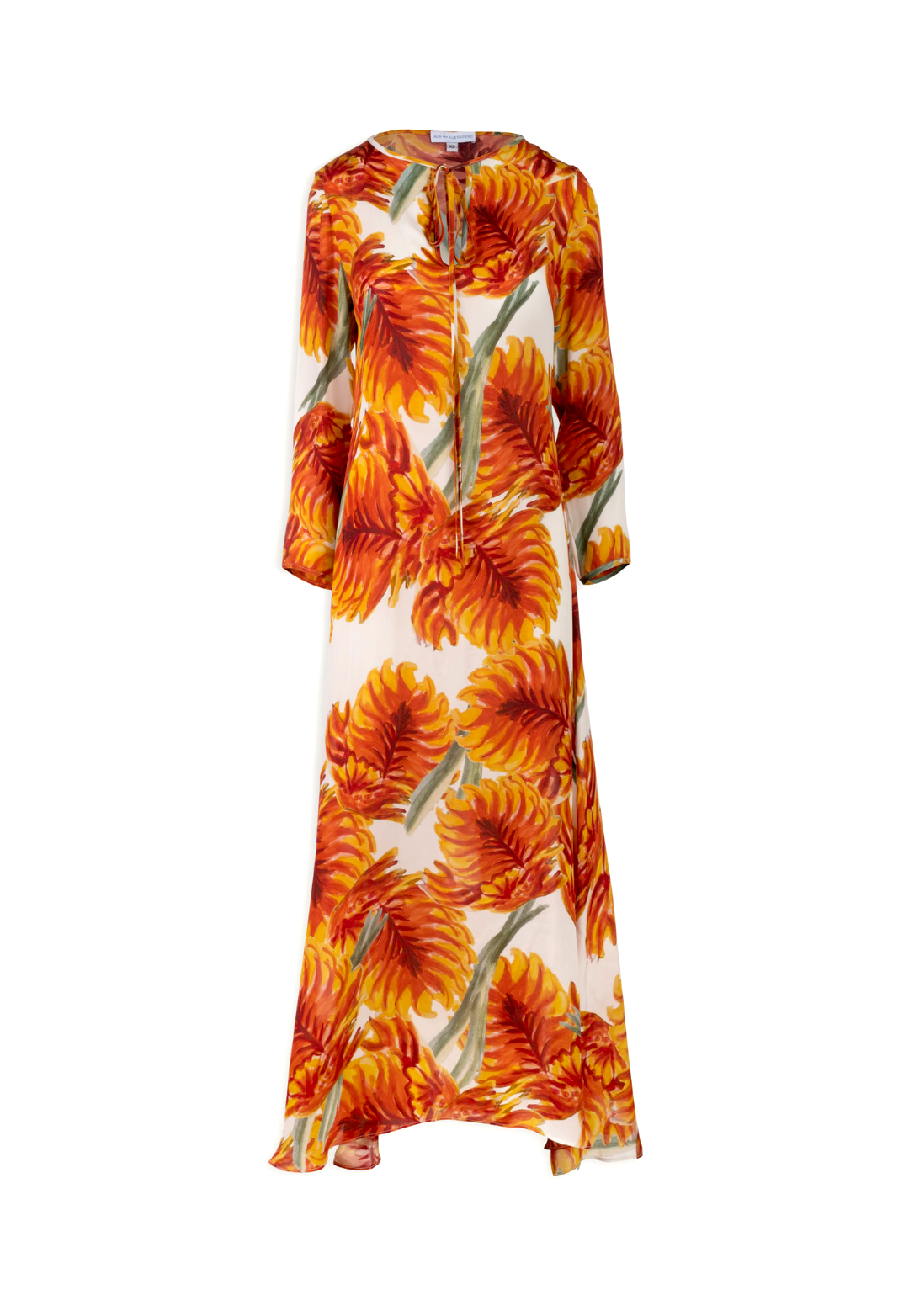 Silk palm leaf printed long dress kaftan with keyhole and tie
