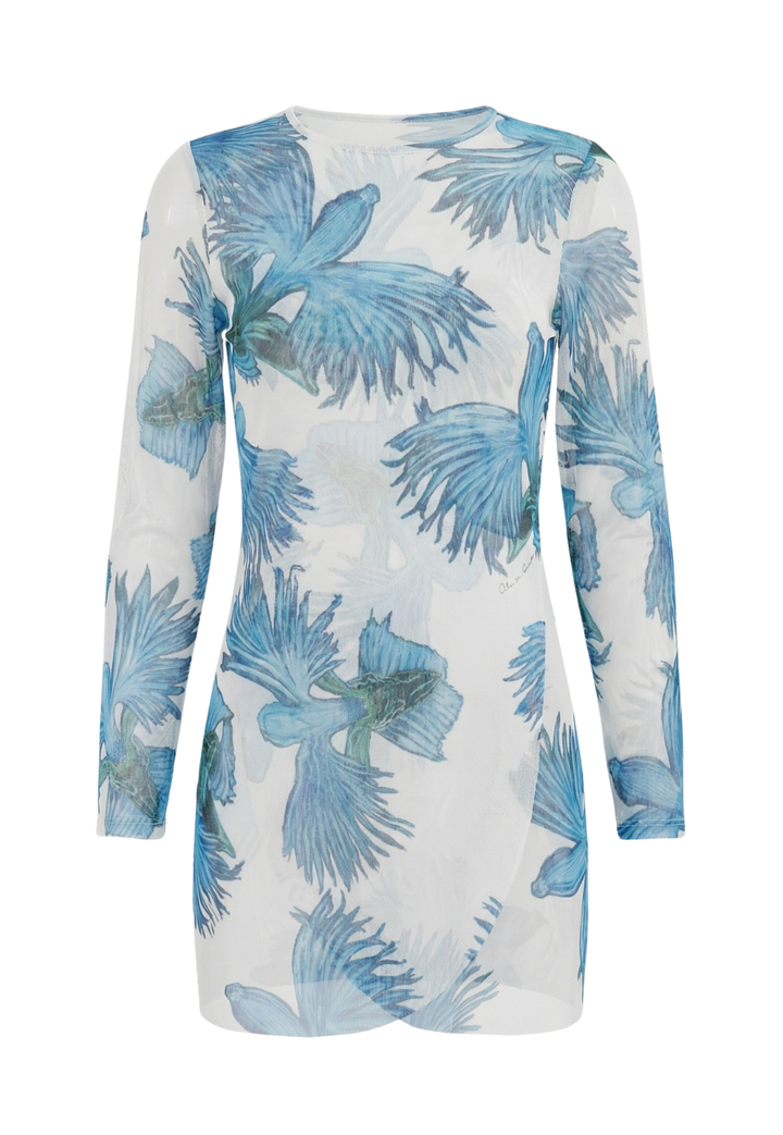 Long-sleeve shirt with blue floral pattern on a white background