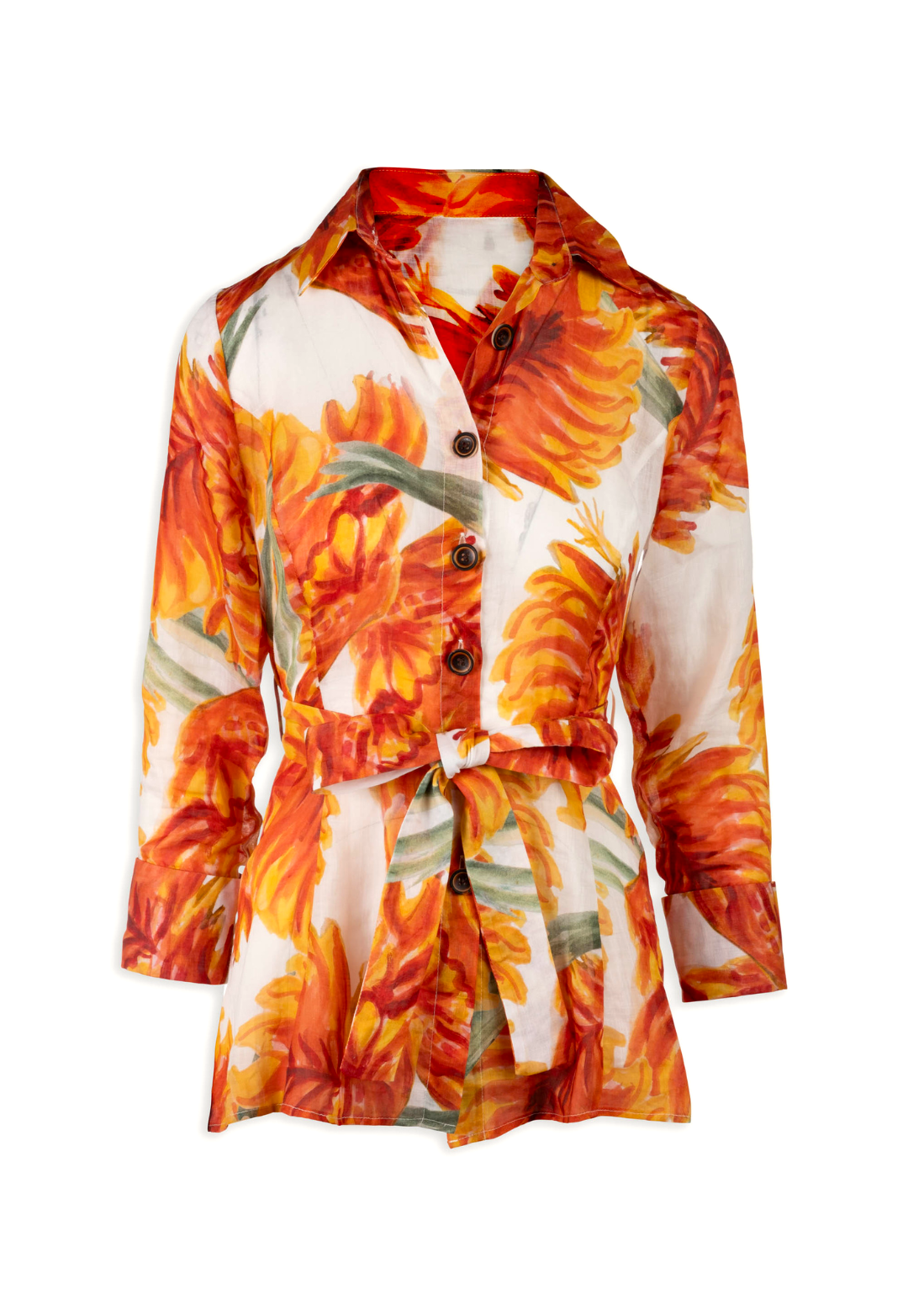 white and orange floral cotton shirt with self tie belt 
