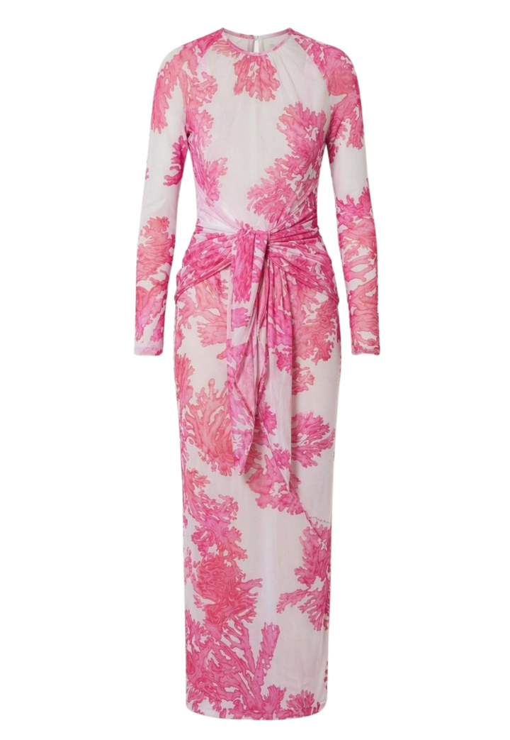 Pink and white mesh coral dress on a white background