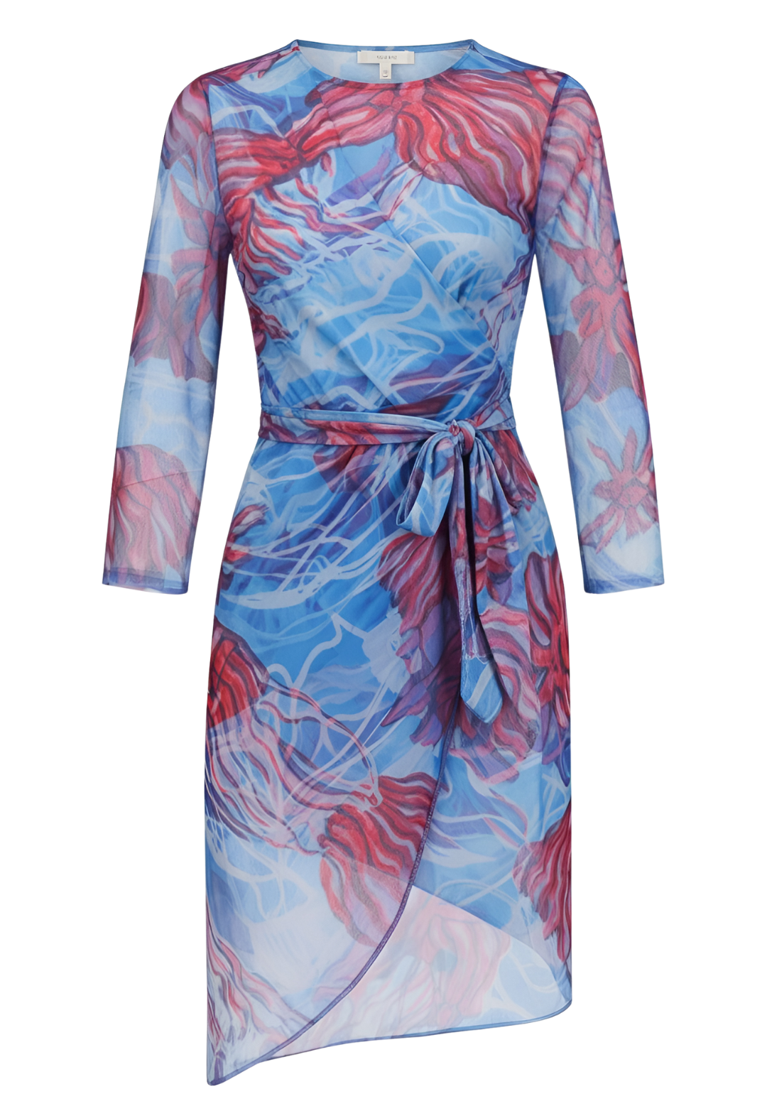 Blue and pink nautical mesh dress with a belt on a white background