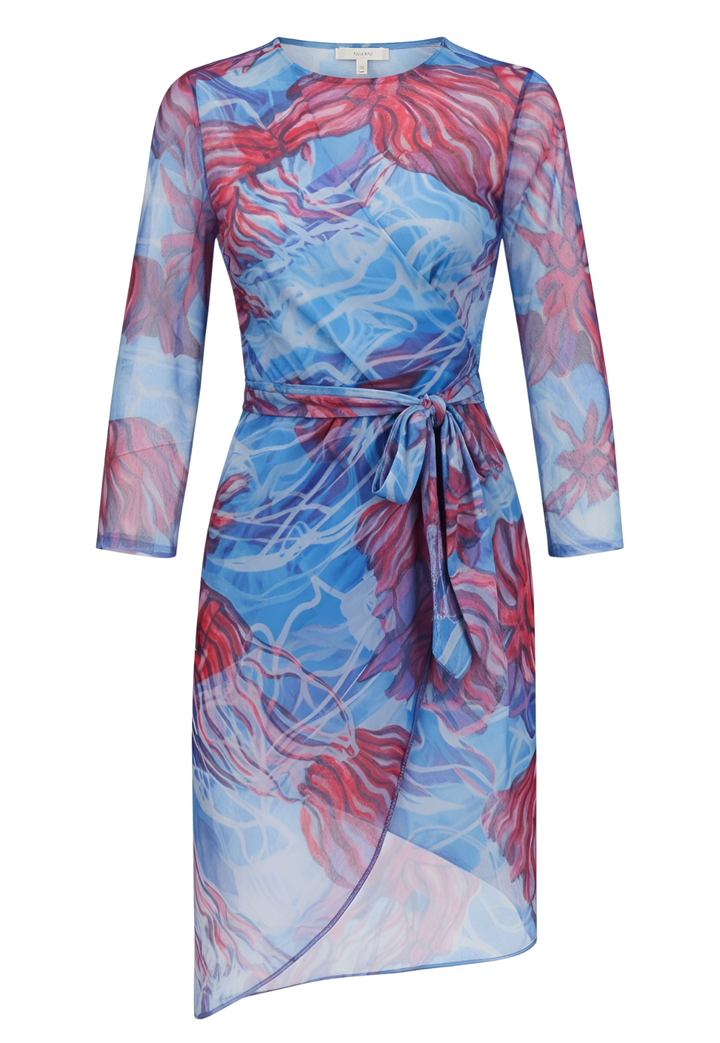 Blue and pink nautical mesh dress with a belt on a white background