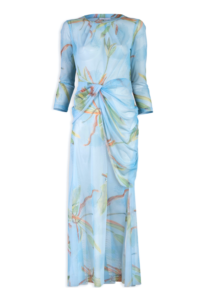 mesh blue green bamboo printed mesh cover up by Ala von Auersperg for resort 2024