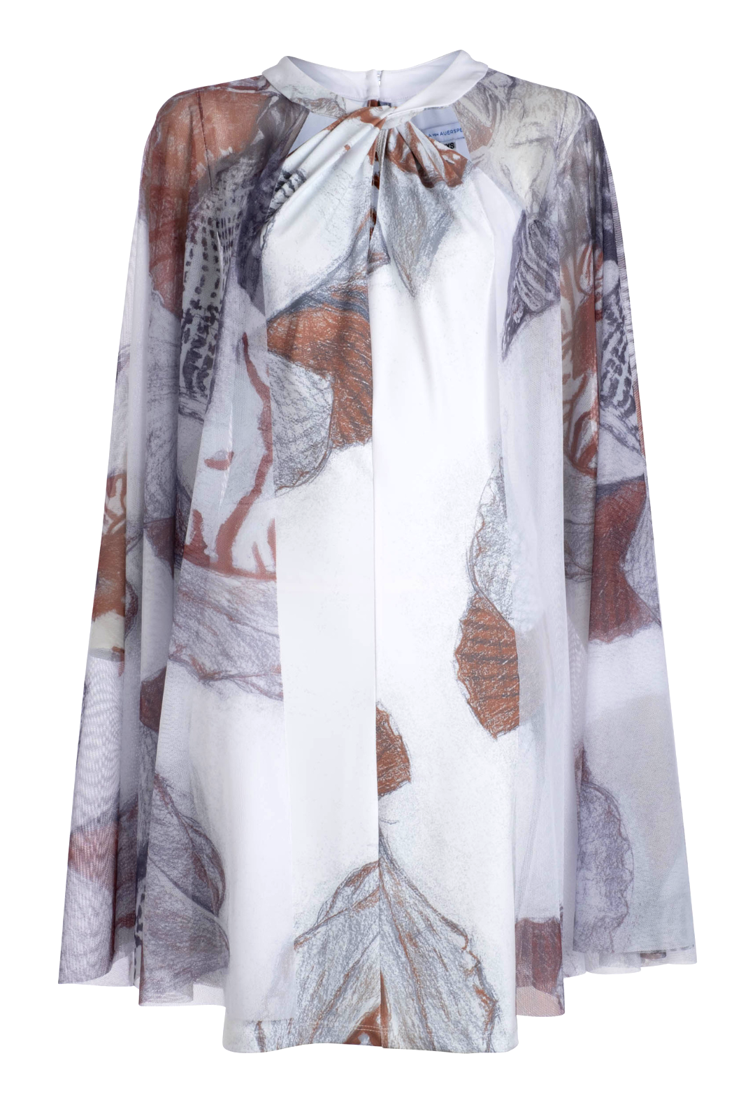 Stretch knit shell printed short dress with mesh cape attached by Ala von Auersperg for resort 2024