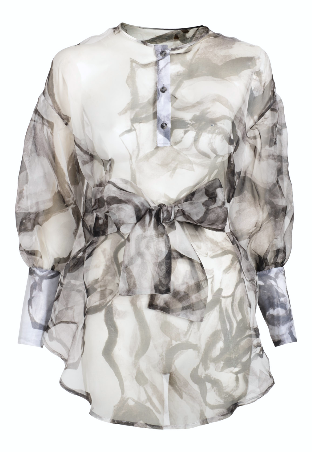 Silk organza black and white rose printed balloon blouse with belt by Ala von Auersperg