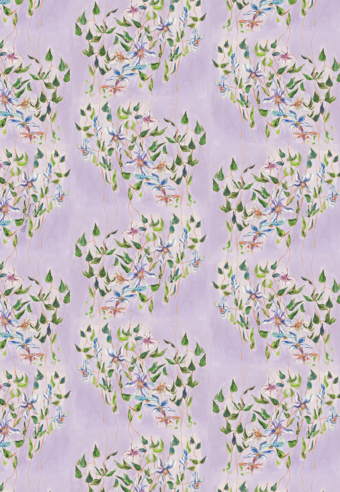 Print swatch of a painting of green flowers against a purple background by Ala Isham