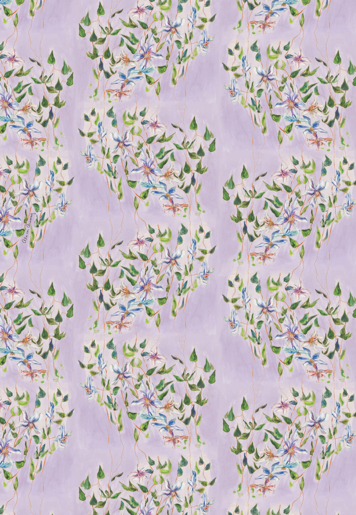 Print swatch of a painting of green flowers against a purple background by Ala Isham