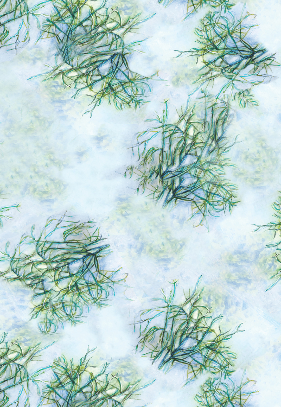 Print swatch of a painting of blue and green sea grass against a light blue background by Ala Isham