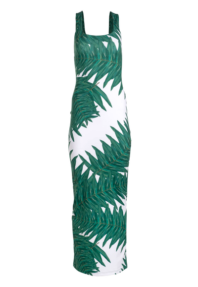 long stretch knit dress with palm leaves printed with scoop neck by Ala von Auersperg
