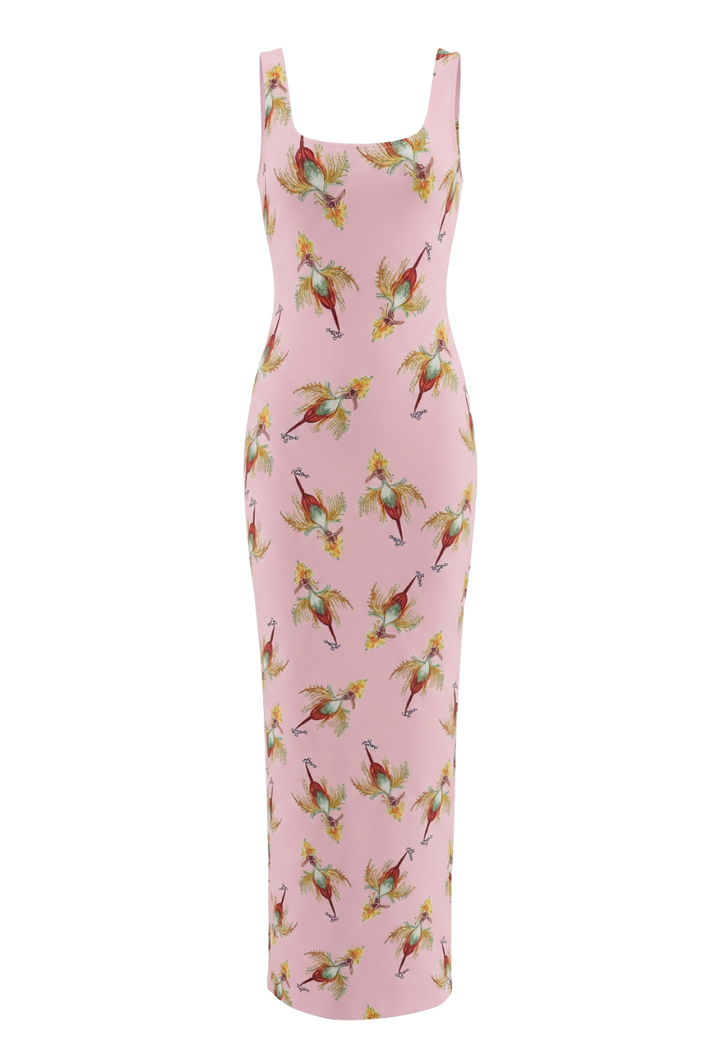 long pink printed dress