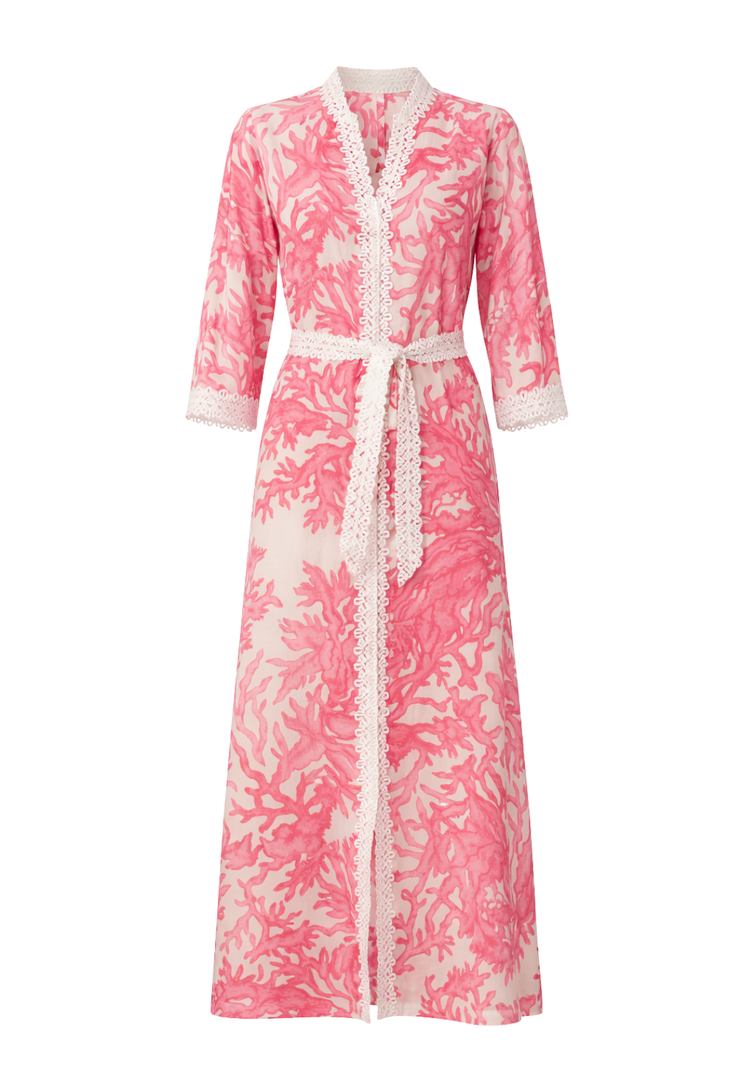 Pink floral robe with white lace trim on a white background
