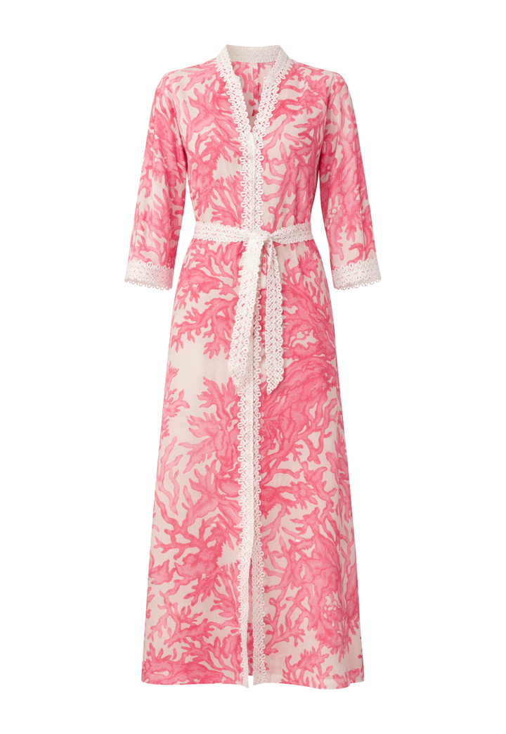 Pink floral robe with white lace trim on a white background
