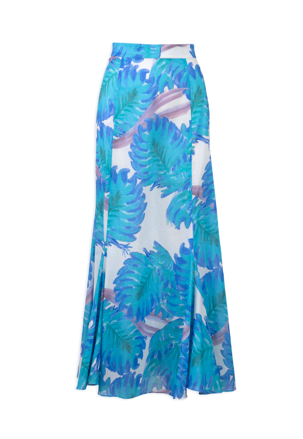 Flat image of a blue palm leaf printed cotton mermaid skirt by Ala von Auersperg for spring 2024