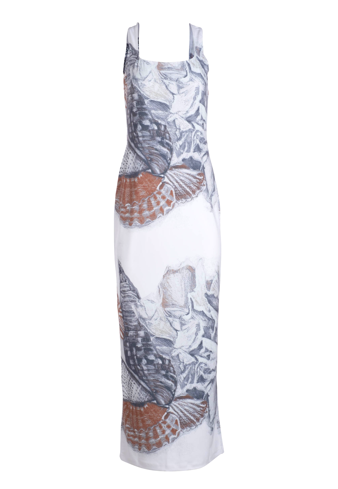 long shell printed stretch knit scoop neck white dress by Ala von Auersperg for resort 2024