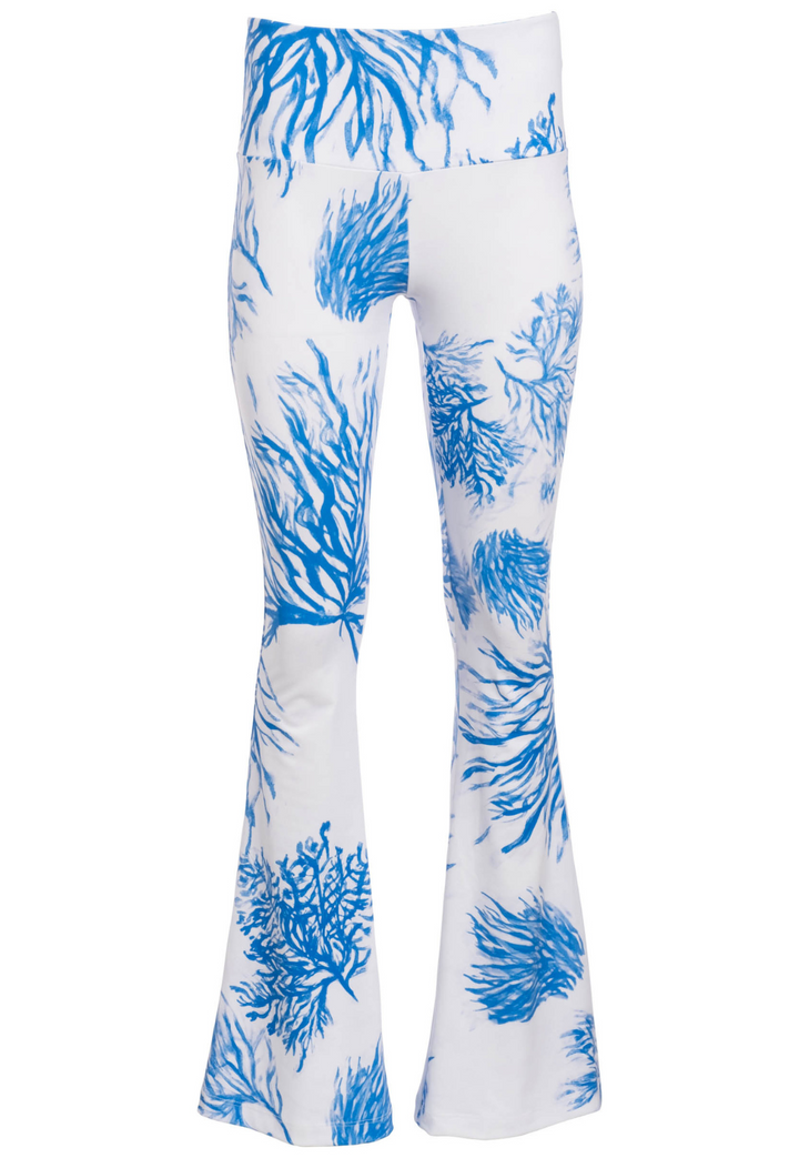 Blue and white printed stretch knit pants by Ala von Auersperg for women's luxury travel clothing