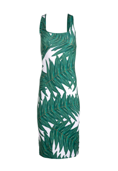 Short green palm printed stretch knit dress with scoop neck by Ala von Auersperg 