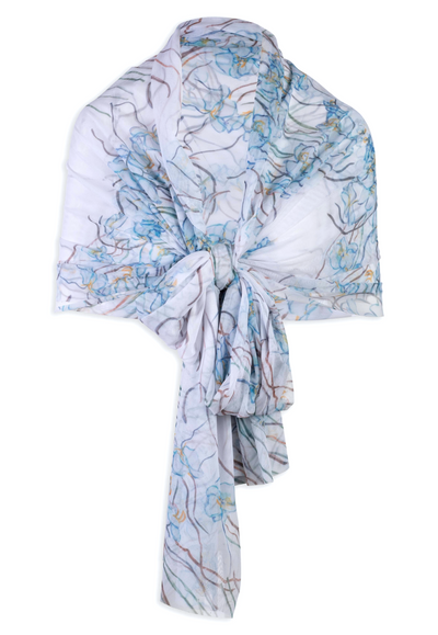 Mesh orchid printed white and blue shawl scarf by Ala von Auersperg for spring 2024