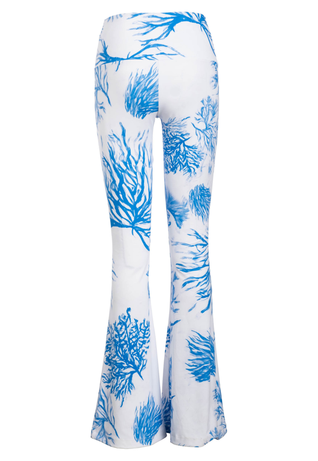 Blue and white printed stretch knit pants by Ala von Auersperg for women's luxury travel clothing