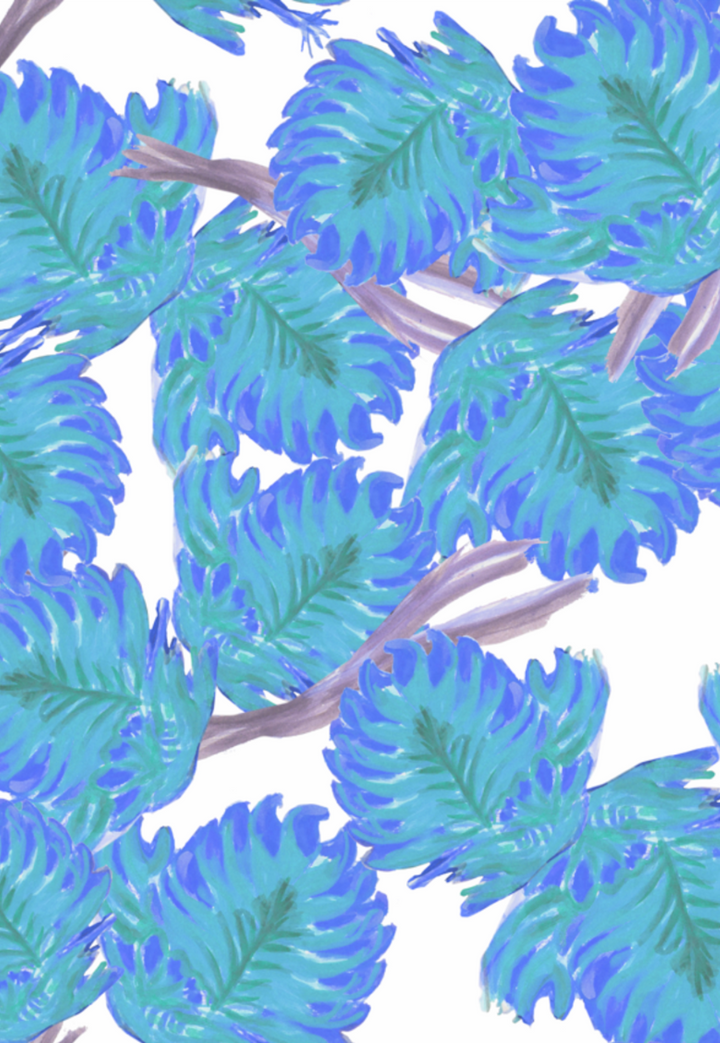 Palm leaf in blue painted by Ala von Auersperg for women's floral clothing