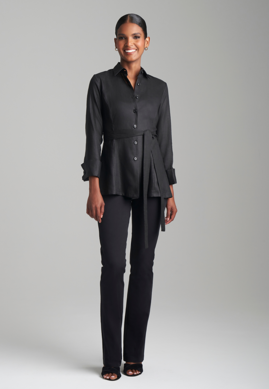 Woman wearing black linen shirt blouse with tie and italian stretch cotton black pants by Ala von Auersperg