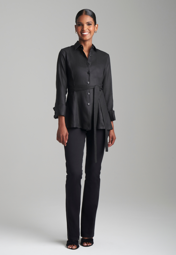 Woman wearing black linen shirt blouse with tie and italian stretch cotton black pants by Ala von Auersperg