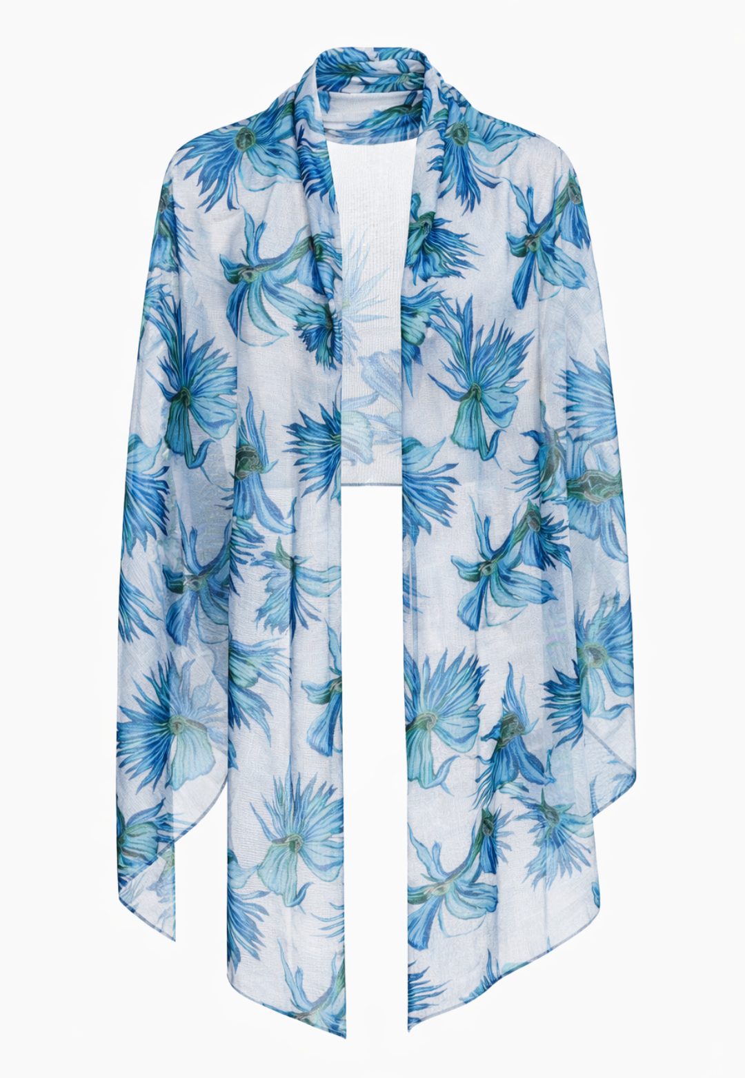 Blue floral patterned scarf on a white background
