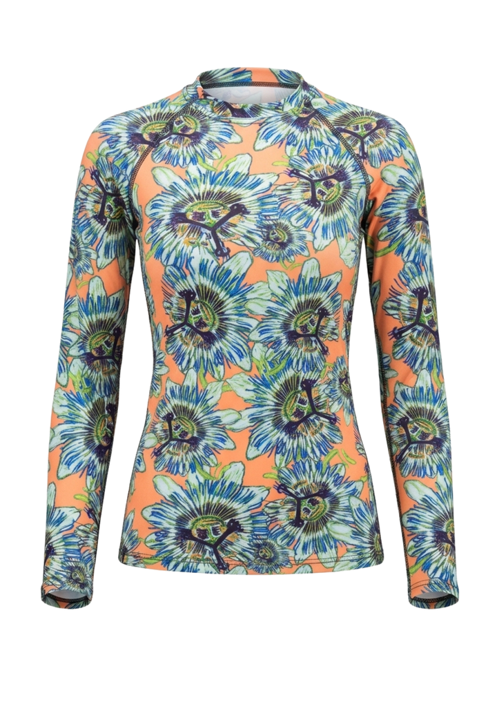 Colorful floral-patterned long-sleeve rash guard shirt on a white background