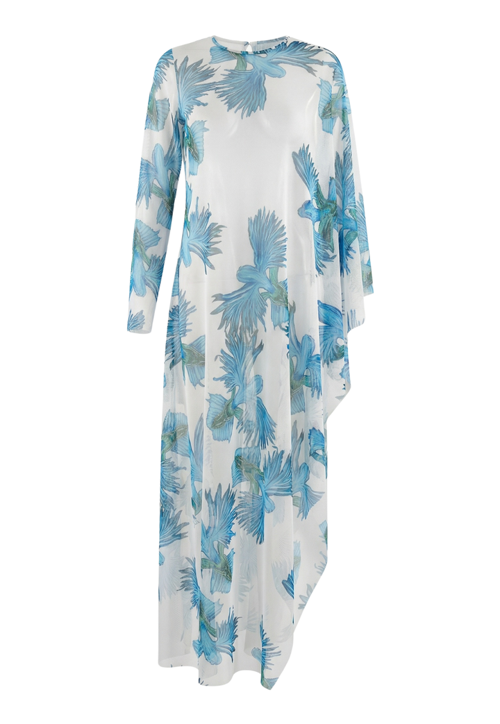 Long-sleeve kaftan with blue floral pattern on a white background