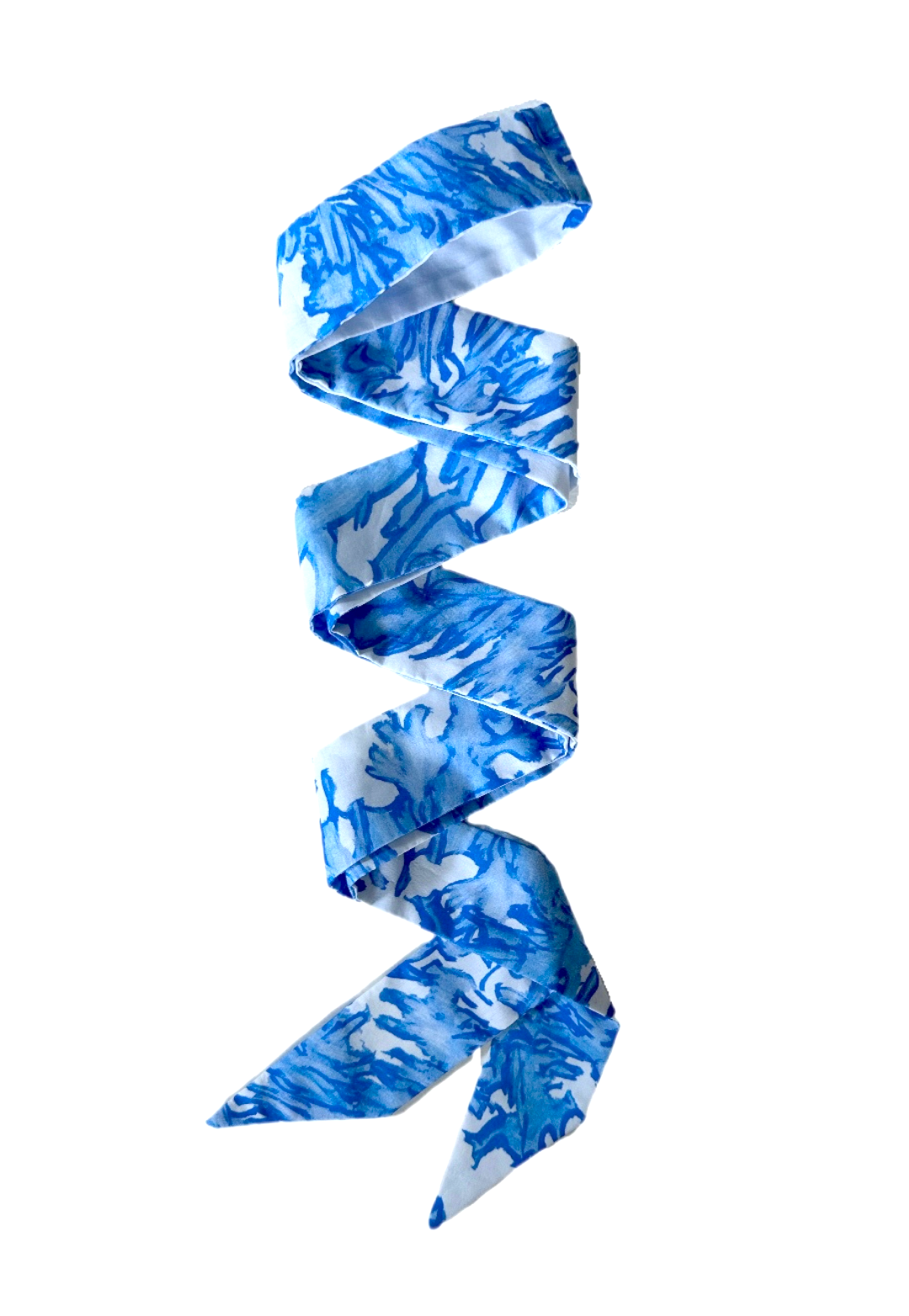 Long coral printed blue and white cotton ribbon hat band by Ala von Auersperg