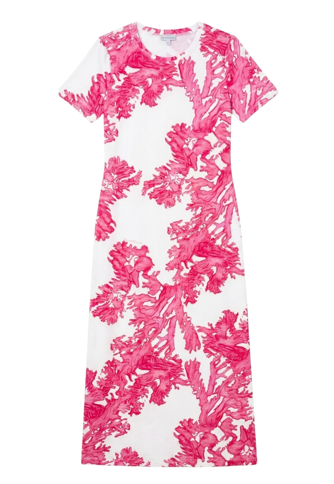 A short-sleeve white dress featuring a vibrant pink abstract floral or coral-like print, shown flat against a plain white background.