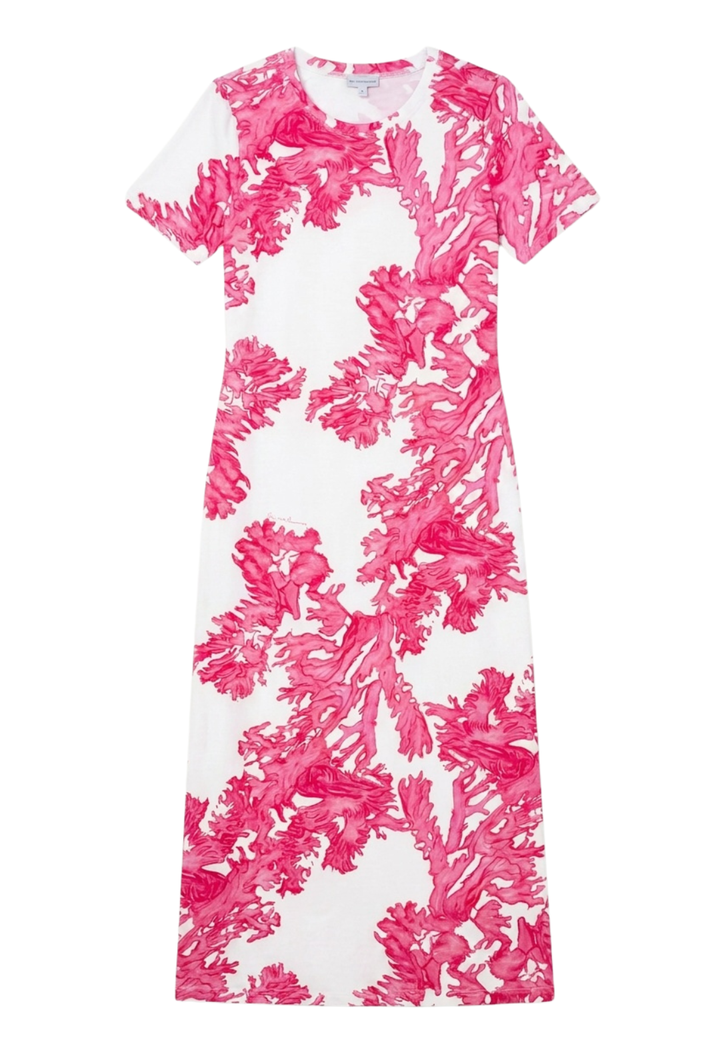 A short-sleeve white dress featuring a vibrant pink abstract floral or coral-like print, shown flat against a plain white background.