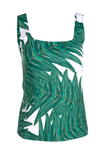 green palm leaf printed stretch knit tank top with scoop neck by Ala von Auersperg