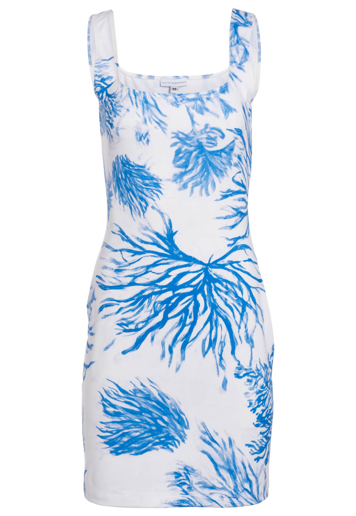 Short mini dress in a blue and white print by Ala von Auersperg for women's luxury resort clothing