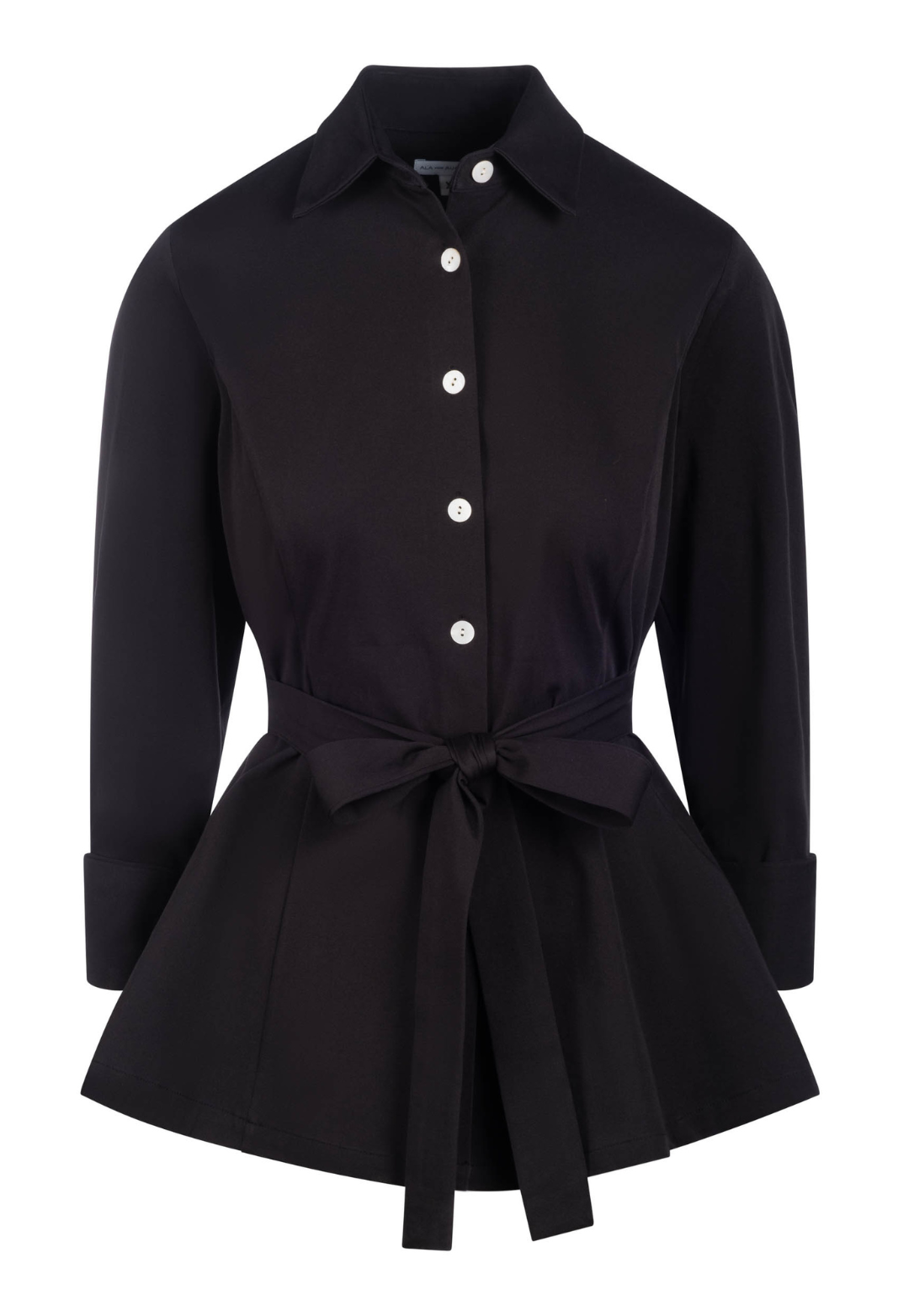 Black shirt with a tie waist on a white background by designer Ala von Auersperg for womens luxury travel clothing