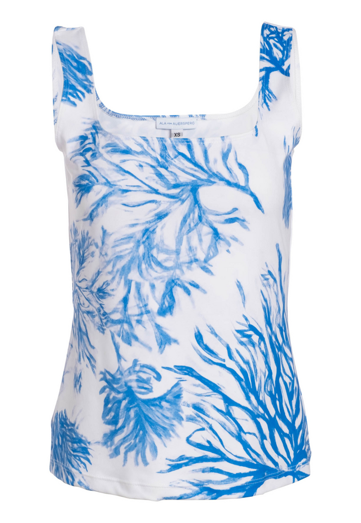 Women's stretch knit tank top in blue and white print by Ala von Auersperg for luxury travel clothing