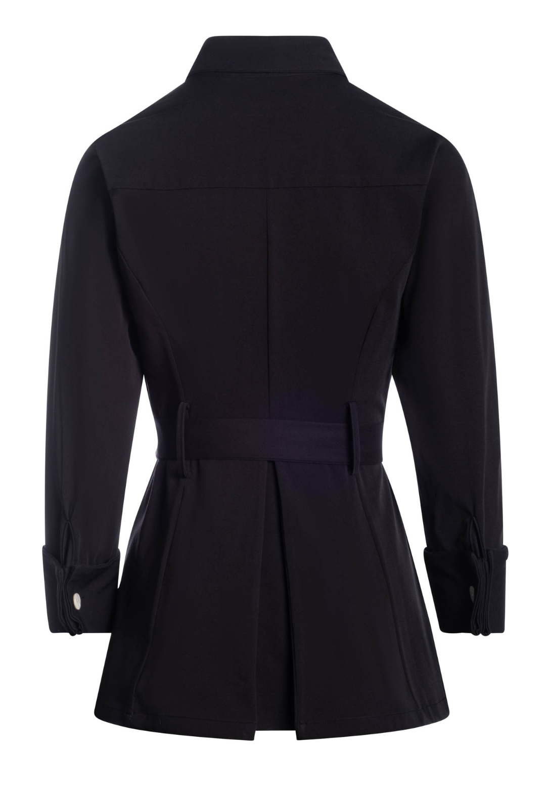 Black coat with a belt on a white background by designer Ala von Auersperg for womens luxury travel clothing