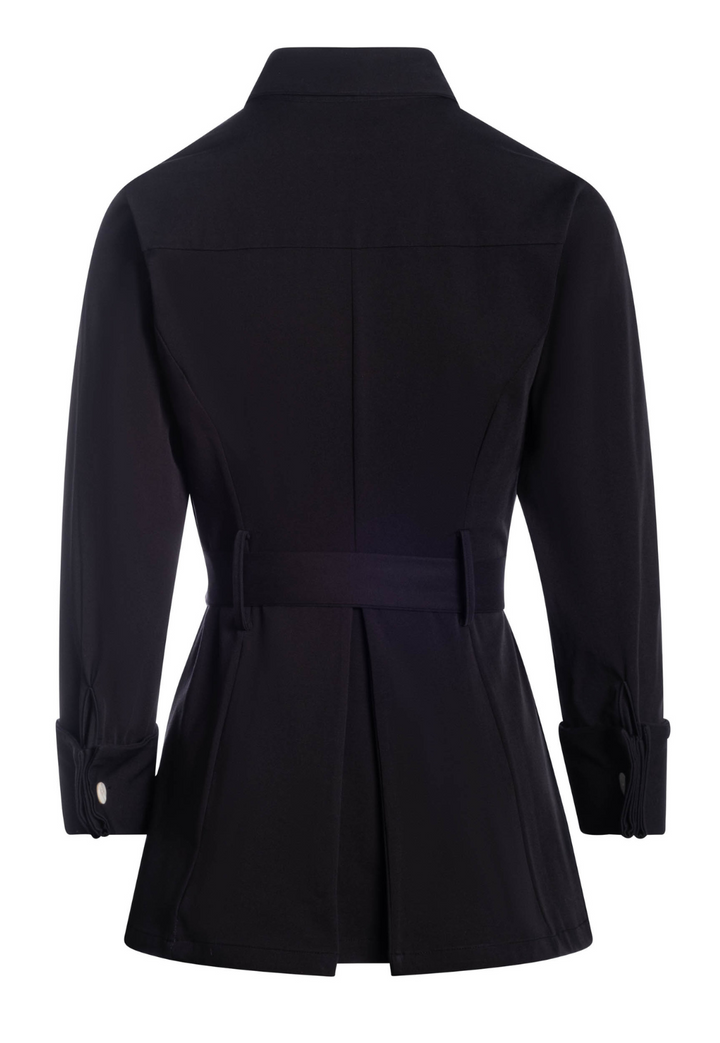Black coat with a belt on a white background by designer Ala von Auersperg for womens luxury travel clothing
