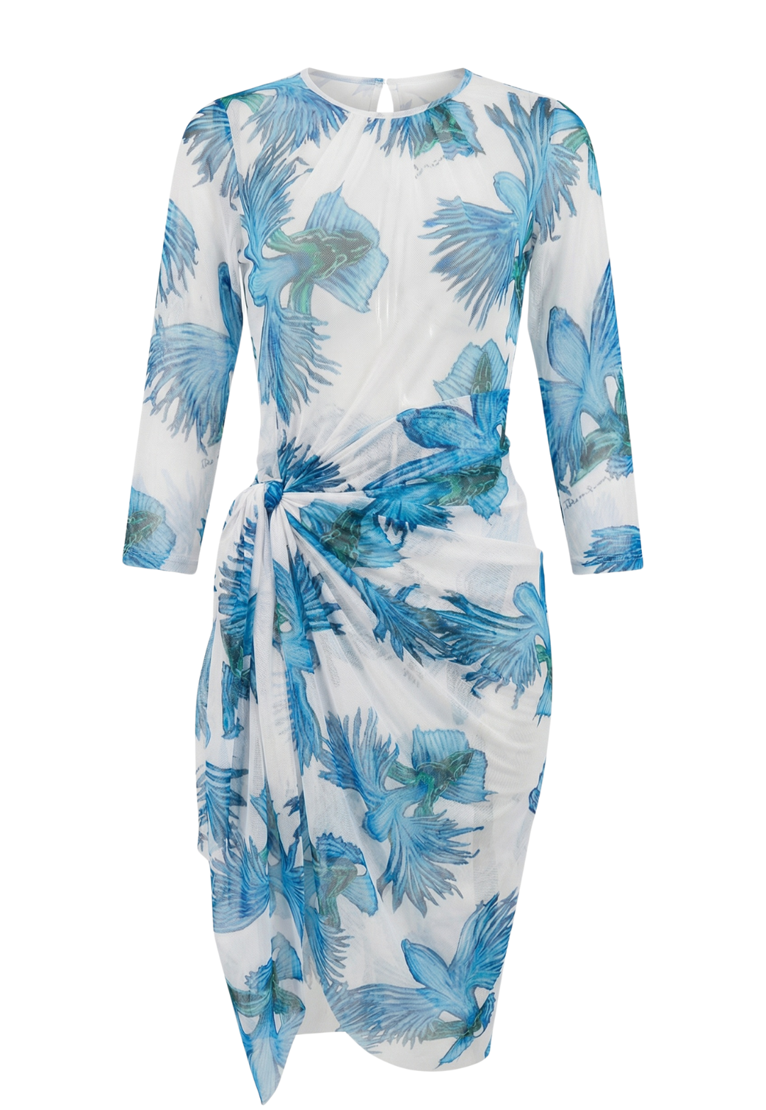 mesh wrap dress in a blue floral print