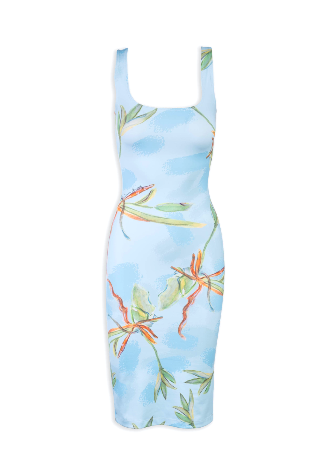 short stretch knit blue green bamboo printed dress by Ala von Auersperg for resort 2024